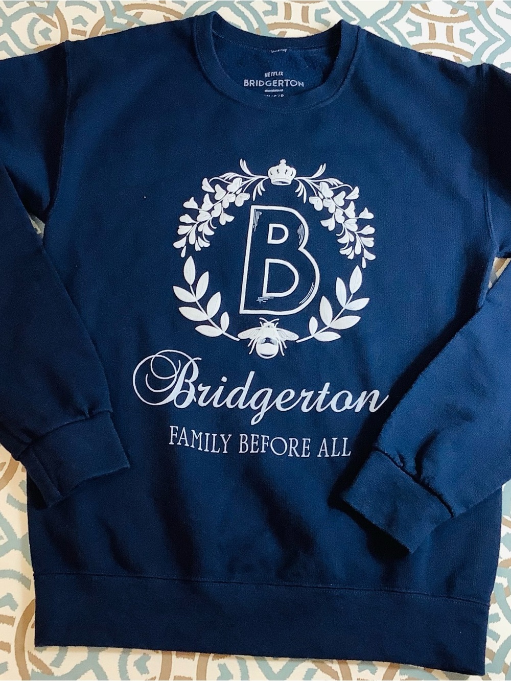 Netflix Bridgerton Navy Crewneck Sweatshirt with White Crest